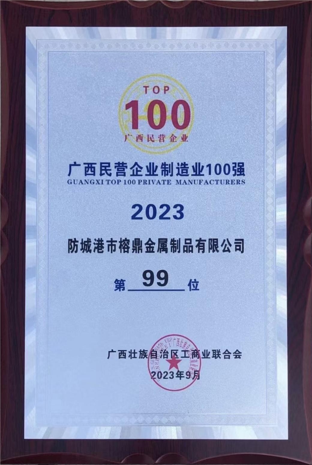 防城港市榕鼎金屬制品有限公司入選2023廣西民營企業制造業100強榜單 防城港市榕鼎金屬制品有限公司入選2023廣西民營企業制造業100強榜單